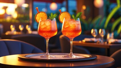 Two refreshing Aperol Spritz cocktails garnished with citrus and mint served in a stylish restaurant during a warm summer evening.