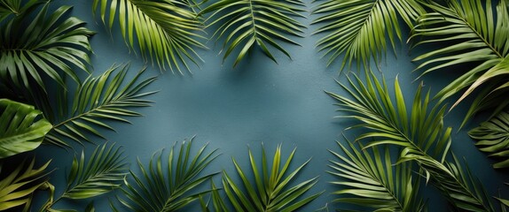 Tropical Palm Leaves Arranged on Dark Blue Backdrop Ideal for Summer Themed Background with Space for Text Insert