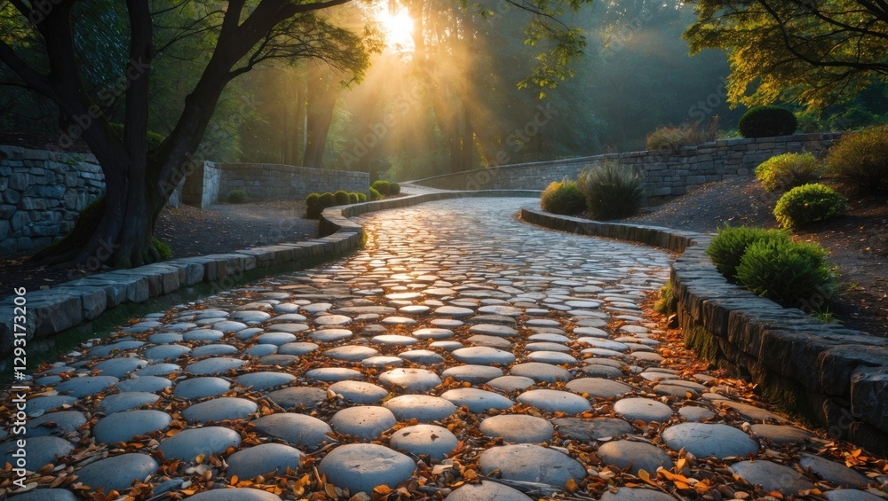 Poster serene round cobblestone pathway surrounded by lush greenery and soft morning light creating a tranq