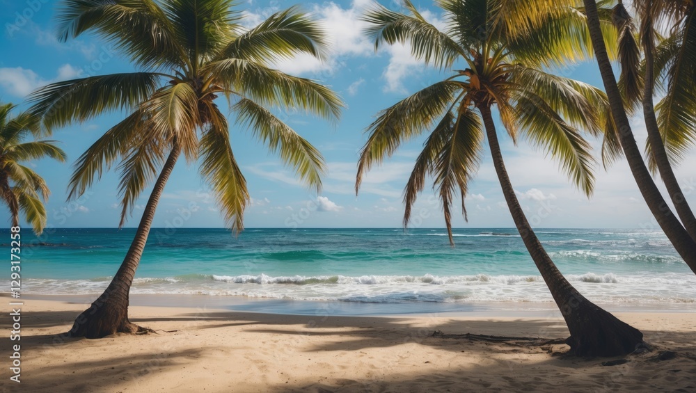 Poster tropical beach scene with coconut trees swaying beside tranquil waves and empty space for text or pr