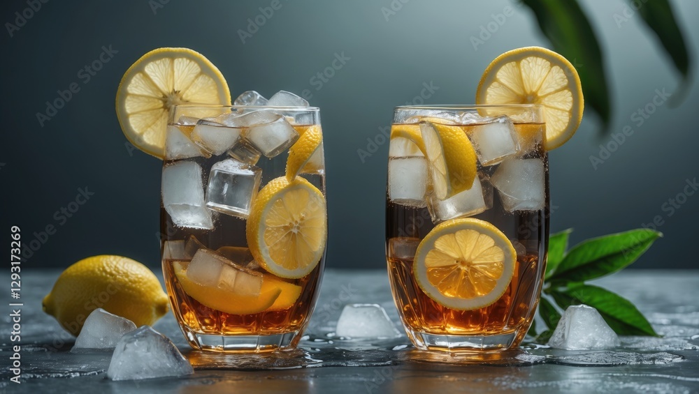Poster two refreshing glasses of iced tea with lemon slices and ice cubes on a dark table with greenery in 