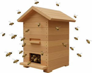 Busy Honey Bees Flying Around Wooden Beehive Honeycomb Apiary Nature