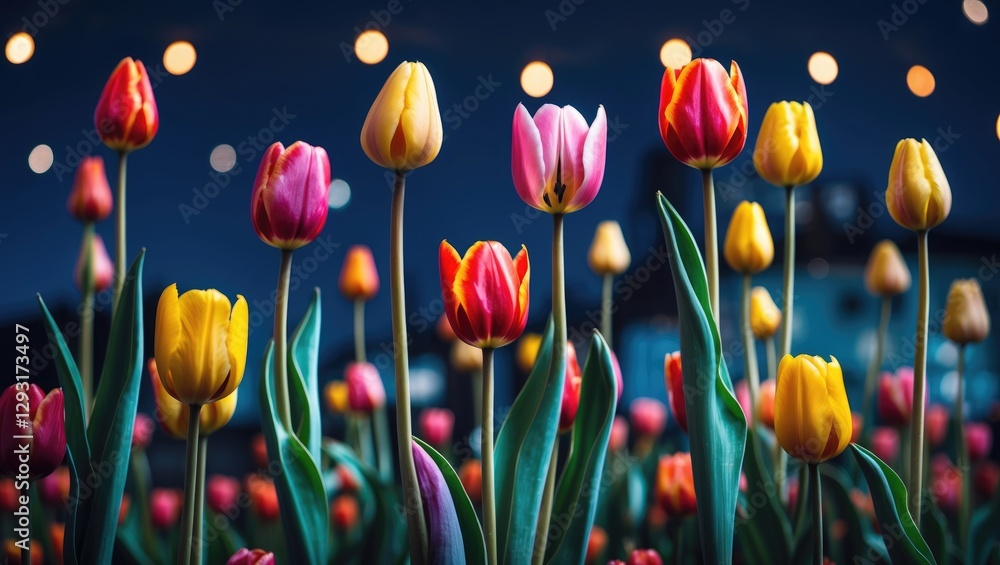 Poster colorful tulip flowers illuminated at night with bokeh lights and empty space for text in a serene g