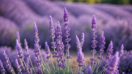 Obraz premium Lavender Field Closeup with Vibrant Purple Blooms and Room for Text in Background