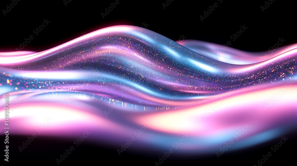 Poster colorful abstract waves of light with sparkling particles in a dark background