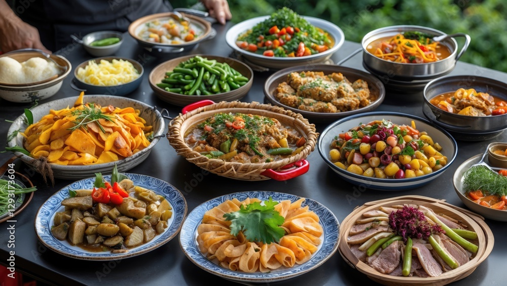 Poster diverse selection of outdoor dishes presented on table with fresh ingredients and empty space for cu