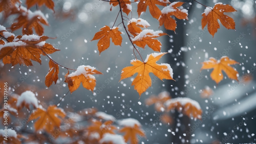 Poster autumn leaves dusted with the first snowflakes creating a serene transition from fall to winter in a