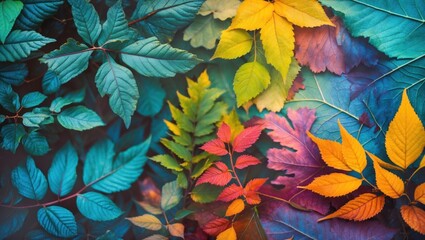 Fototapeta premium Vibrant close-up of textured leaves in various colors creating a stunning natural backdrop for creative projects and designs.