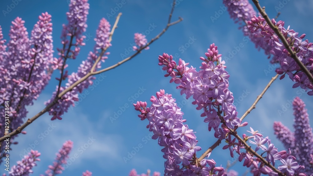 Poster blooming lilac twigs against clear blue sky capturing spring vibes with space for text or branding u