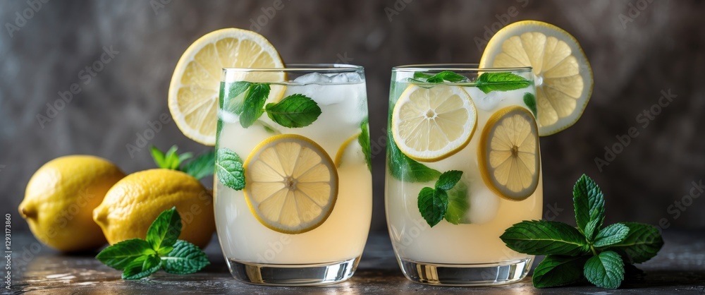 Poster refreshing lemonade drinks with mint and lemon slices against a textured background, featuring empty