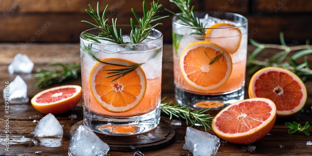 Poster refreshing summer gin cocktail with rosemary and citrus on wooden table with ice and empty space for