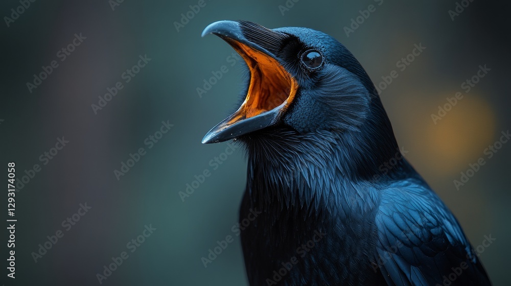 Poster close-up of a raven with open beak against a blurred green background, emphasizing glossy black feat