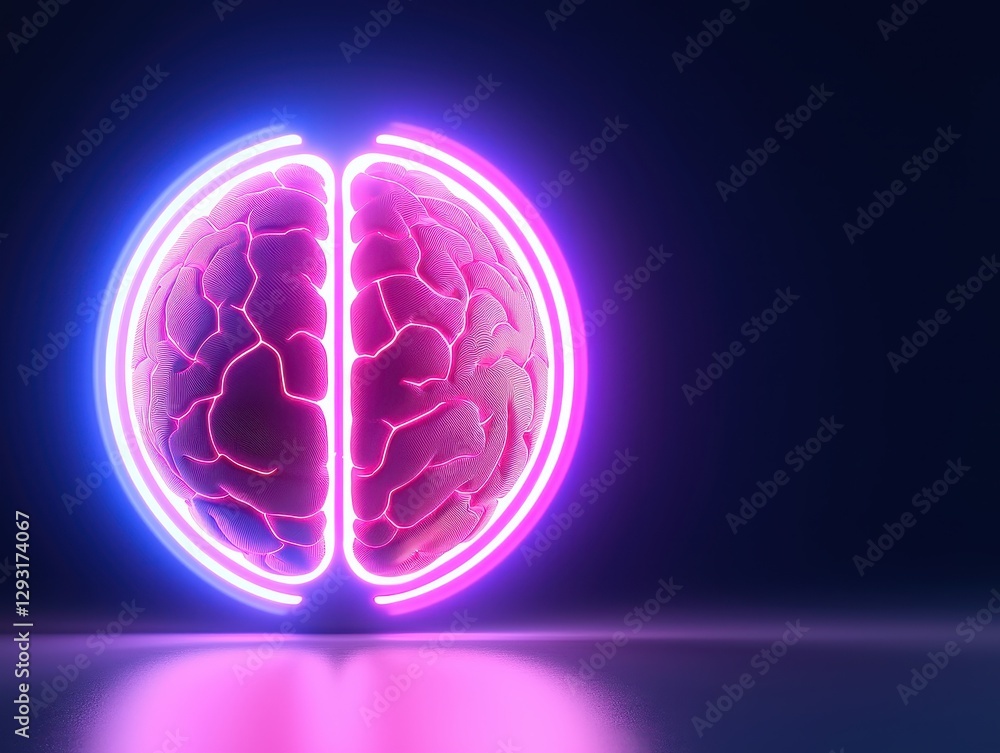 Poster an abstract representation of a brain illuminated by colorful neon lights.