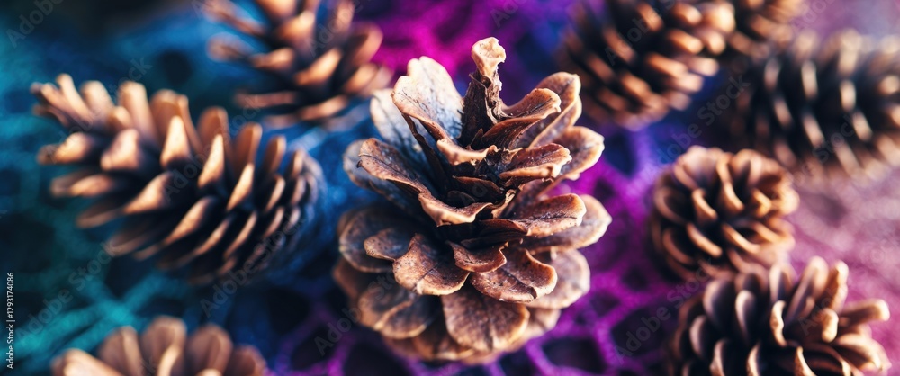 Poster close-up of textured coniferous pine cones arranged artistically on a colorful background creating a