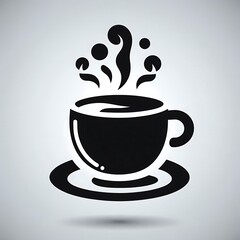 Obraz premium A black silhouette of a coffee cup with steam rising from it, sitting on a saucer, is depicted against a light gray background, symbolizing a warm beverage.