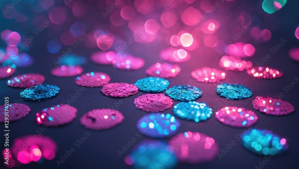 Poster colorful bokeh background with sparkling sequins in pink blue and purple tones creating a vibrant de