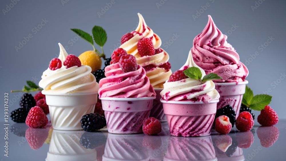 Poster variegated raspberry swirl ice cream cones with fresh berries on reflective surface empty space for 