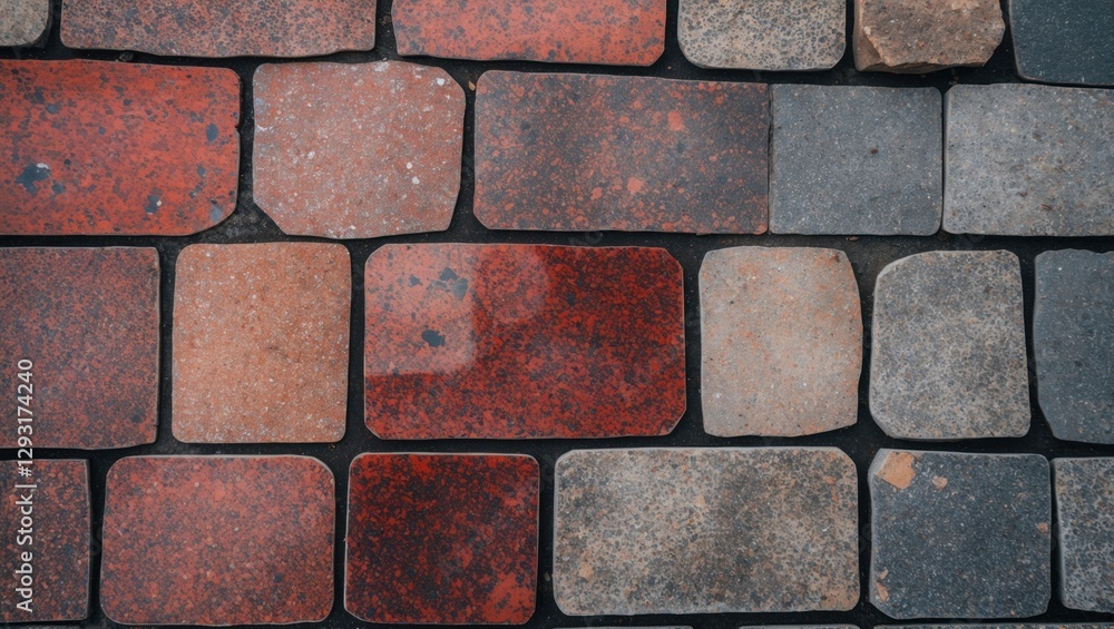 Aufkleber red and gray granite paving stones create a textured sidewalk surface in a natural setting captured 