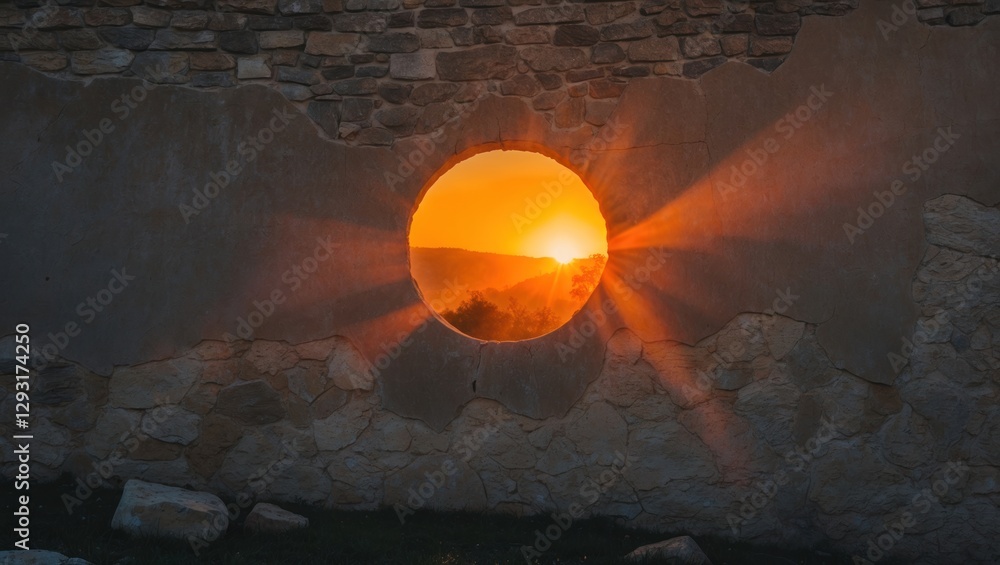 Poster sunset rays casting warm orange light through a circular opening in a stone wall, creating a serene 