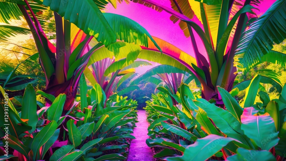 Poster vibrant banana tree foliage with colorful leaves creating an abstract and tropical background in a l