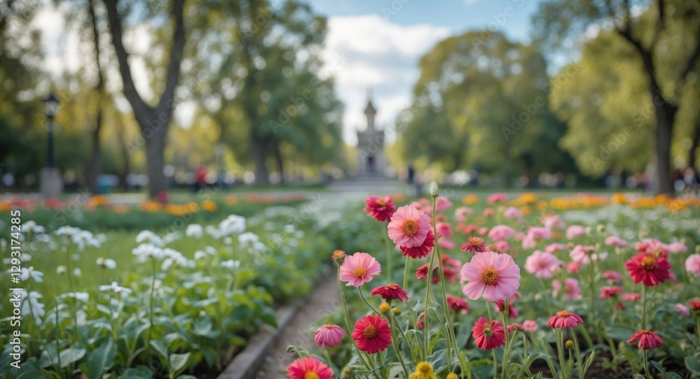Poster vibrant flowering garden in a park featuring colorful blooms and blurred background with ample space