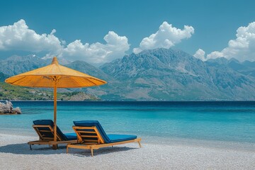 Obraz premium Two sun loungers with blue cushions and an umbrella on the beach of Mëdhëja, Albania, overlooking the mountains, blue sky, and calm sea.