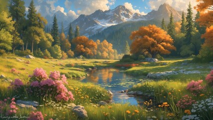 Naklejka premium Serene Autumn Landscape with Vibrant Flowers and Mountain Reflection in Tranquil River under Bright Blue Skies
