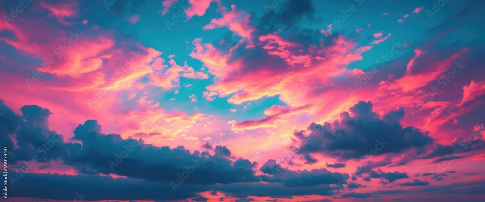 Poster vibrant evening sky with colorful clouds and soft textures creating a serene and dramatic atmospheri