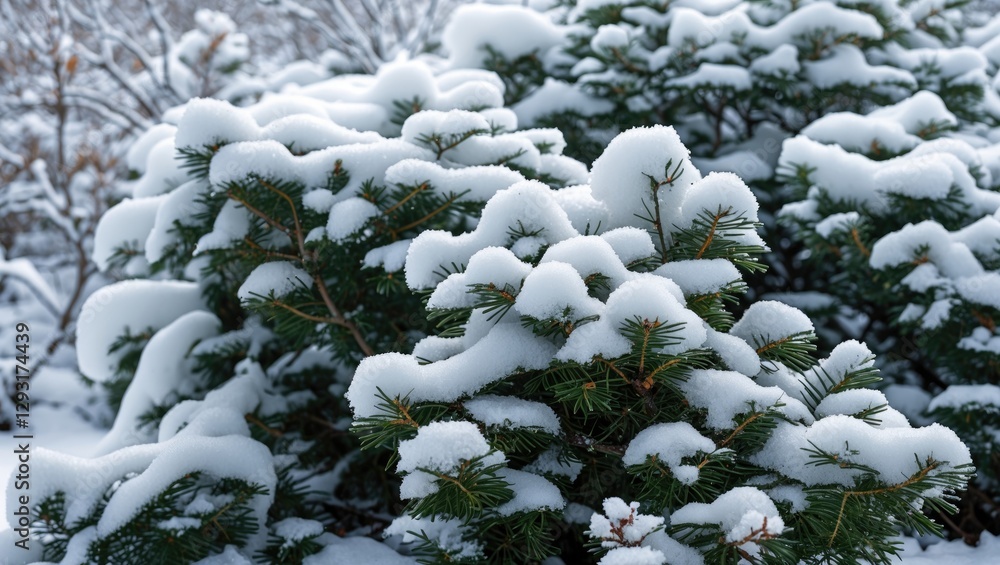 Poster snow-covered shrub with a textured pattern showcasing layers of fresh snow in a winter landscape set