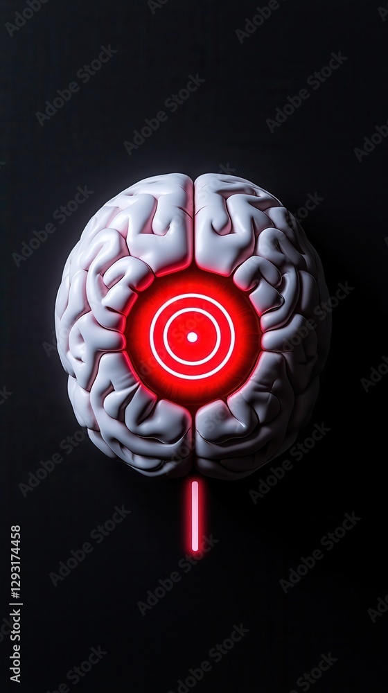 Poster an innovative representation of a brain with a glowing red target at its center.
