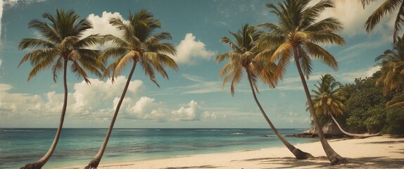 Serene Retro Tropical Beach Scene with Palm Trees and Textured Sky Perfect for Vintage Summer Travel Promotions