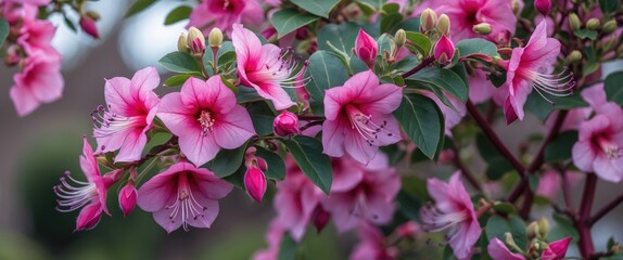 Obraz premium Fuchsia Shrub with Pink Flowers and Green Leaves in Blooming Stage Displaying Buds and Blossoms in a Garden Setting