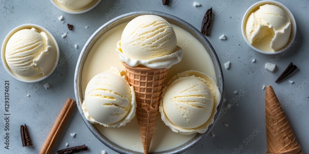 Poster vanilla ice cream in waffle cone and bowls with toppings on gray surface empty space for text or des