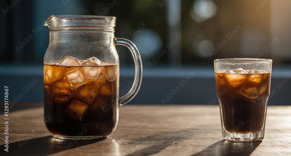 Poster morning light illuminating two small jugs of iced coffee on a wooden table with ice cubes and empty 