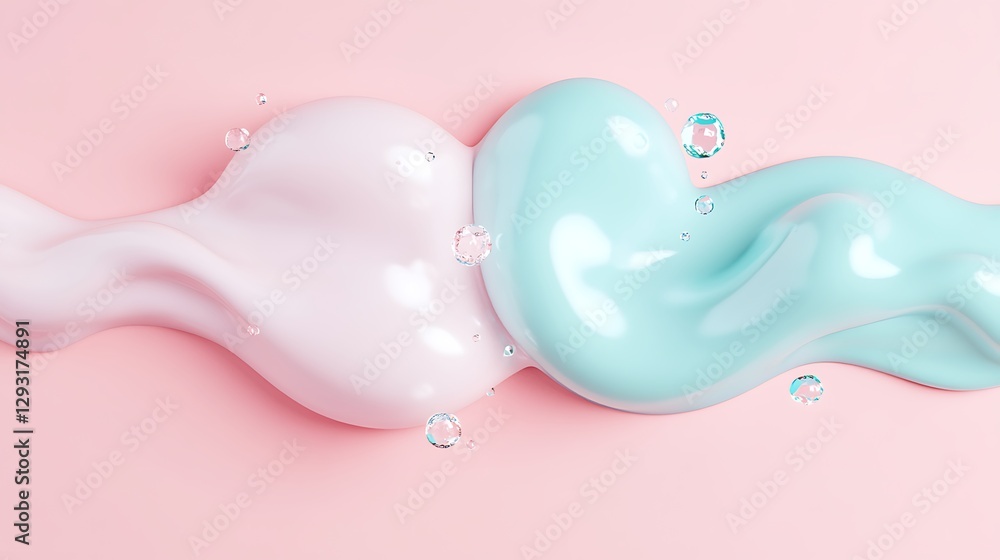 Poster colorful fluid shapes merging on soft pink background with bubbles creating a playful visual effect