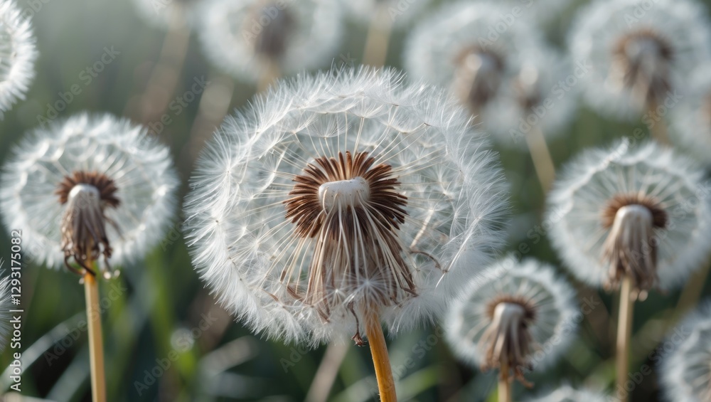 Poster dandelion seed head close up with soft focus background and space for text overlay in a natural sett
