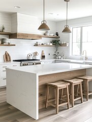 Modern kitchen space featuring a sleek white countertop and wooden accents