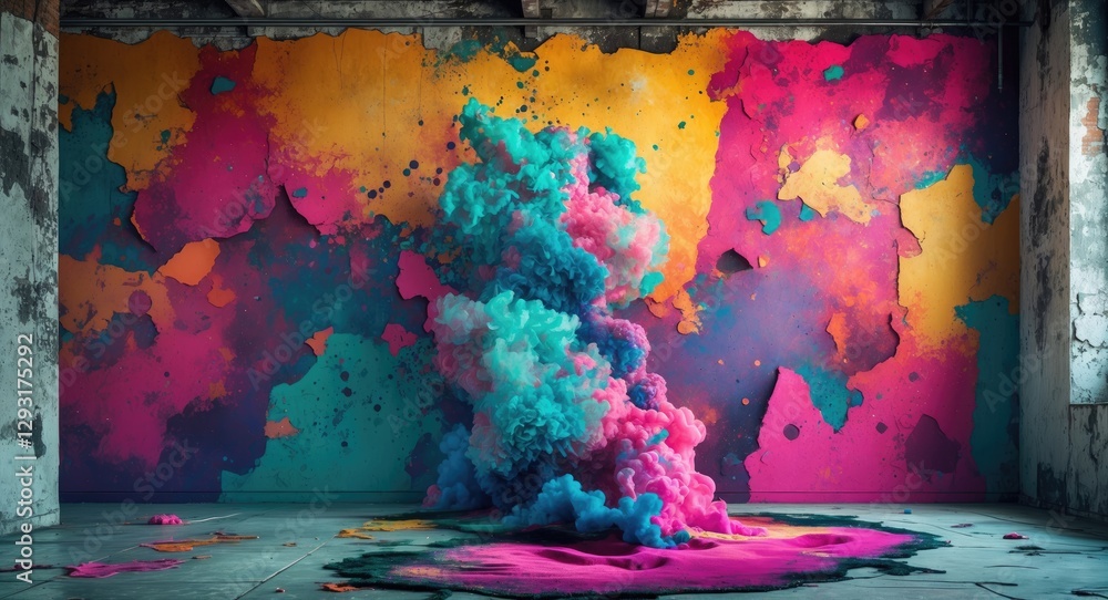 Poster vibrant abstract art with colorful smoke explosion against a grungy wall creating a dynamic and mode