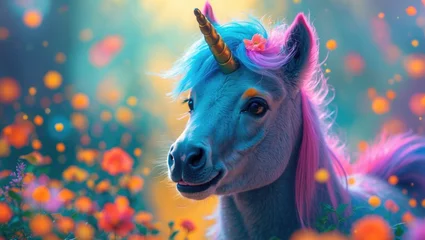Colorful unicorn pony surrounded by vibrant flowers in a magical forest setting, showcasing whimsical elements and enchanting details.