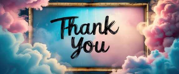 Colorful thank you message in a decorative frame surrounded by soft clouds and a gradient background for appreciation and gratitude themes.