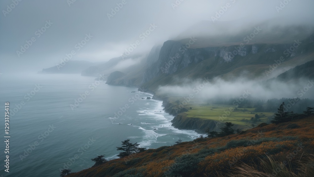 Poster majestic foggy coastal landscape with cliffs and serene bay views creating an atmospheric scene idea