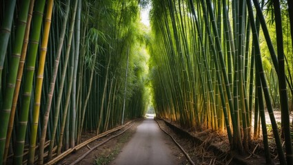 Serene Pathway Through a Lush Bamboo Forest Surrounded by Towering Green Bamboo Stalks and Soft Natural Light