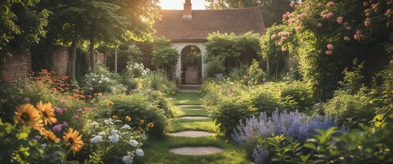Serene Summer Garden Pathway with Vibrant Flowers and Cottage Surrounded by Lush Greenery Ideal for Text Overlay