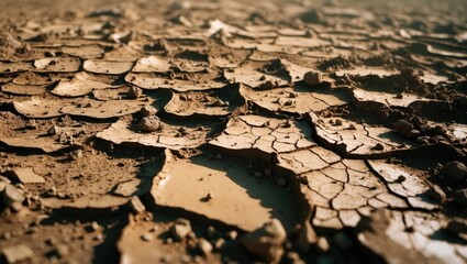 Cracked dry earth surface showing soil texture and drought effects in nature photography depicting environmental challenges and climate change.