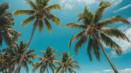 Obraz premium Coconut palm trees under a clear turquoise sky with empty space for text perfect for tropical vacation and tropical theme designs.