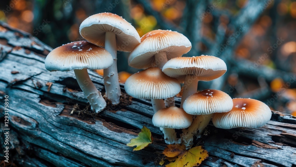 Aufkleber delicate oyster mushrooms on an aged log surrounded by autumn leaves with copy space for design or t