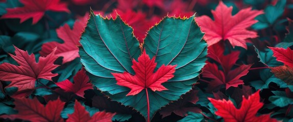 Heart-shaped leaf design among vibrant autumn foliage showcasing various shades of red and green in a serene natural setting.