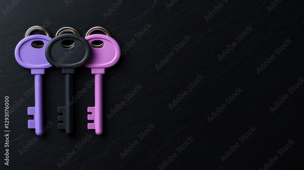 Aufkleber brightly colored keys arranged on a dark surface, symbolizing access and security.