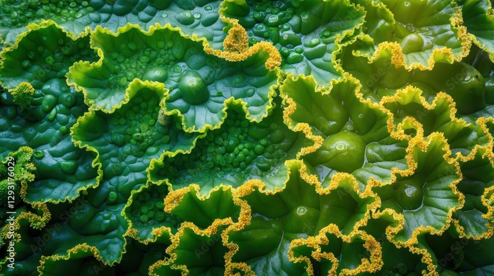 Poster lush green algae texture with intricate yellow edges featuring a vibrant natural pattern and droplet