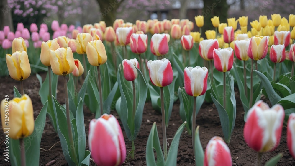 Poster vibrant tulip garden in bloom with a variety of colors and space for text in springtime setting